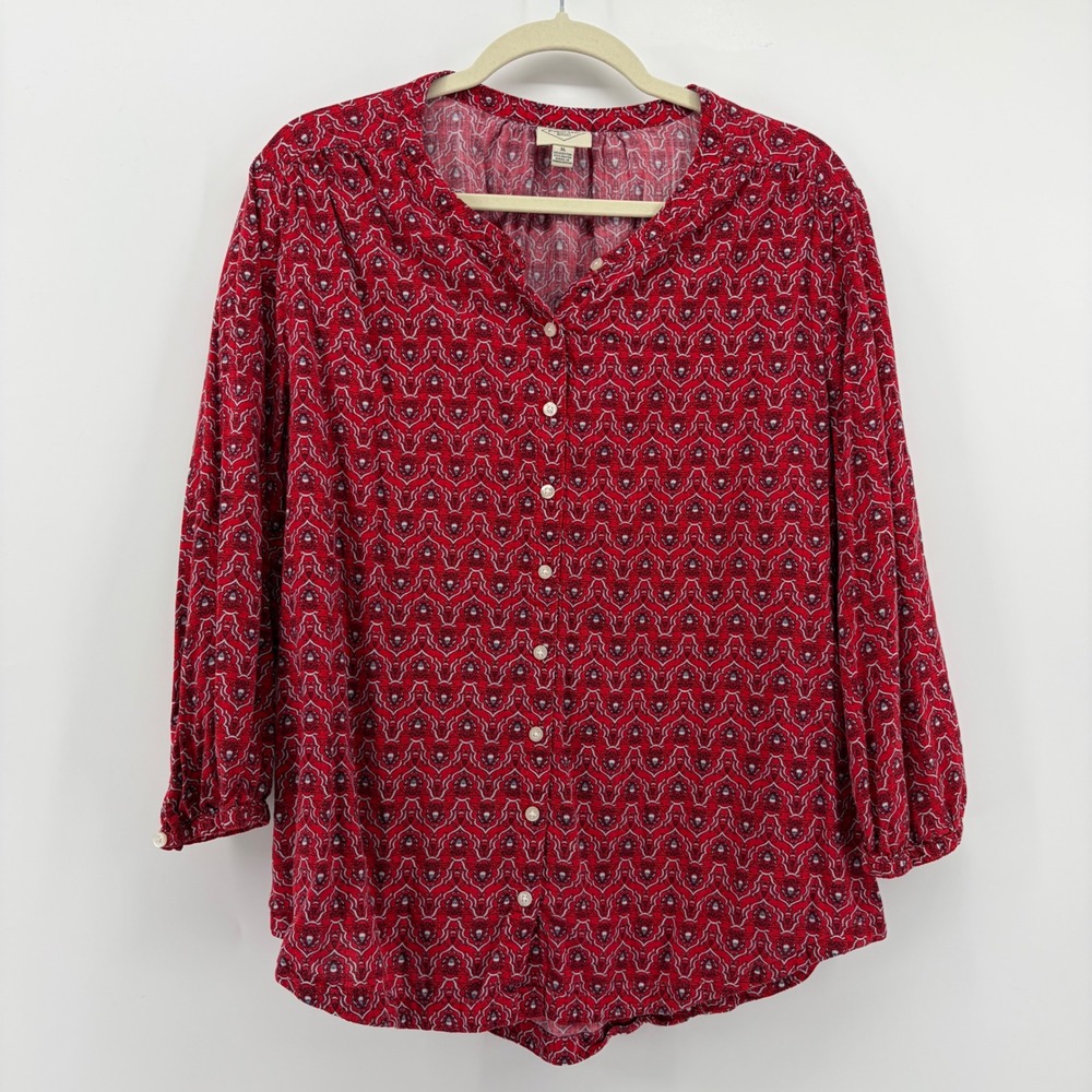 St Johns Bay Women‎ Red Geometric Print Button Up Tunic Shirt XL Cotton Rayon